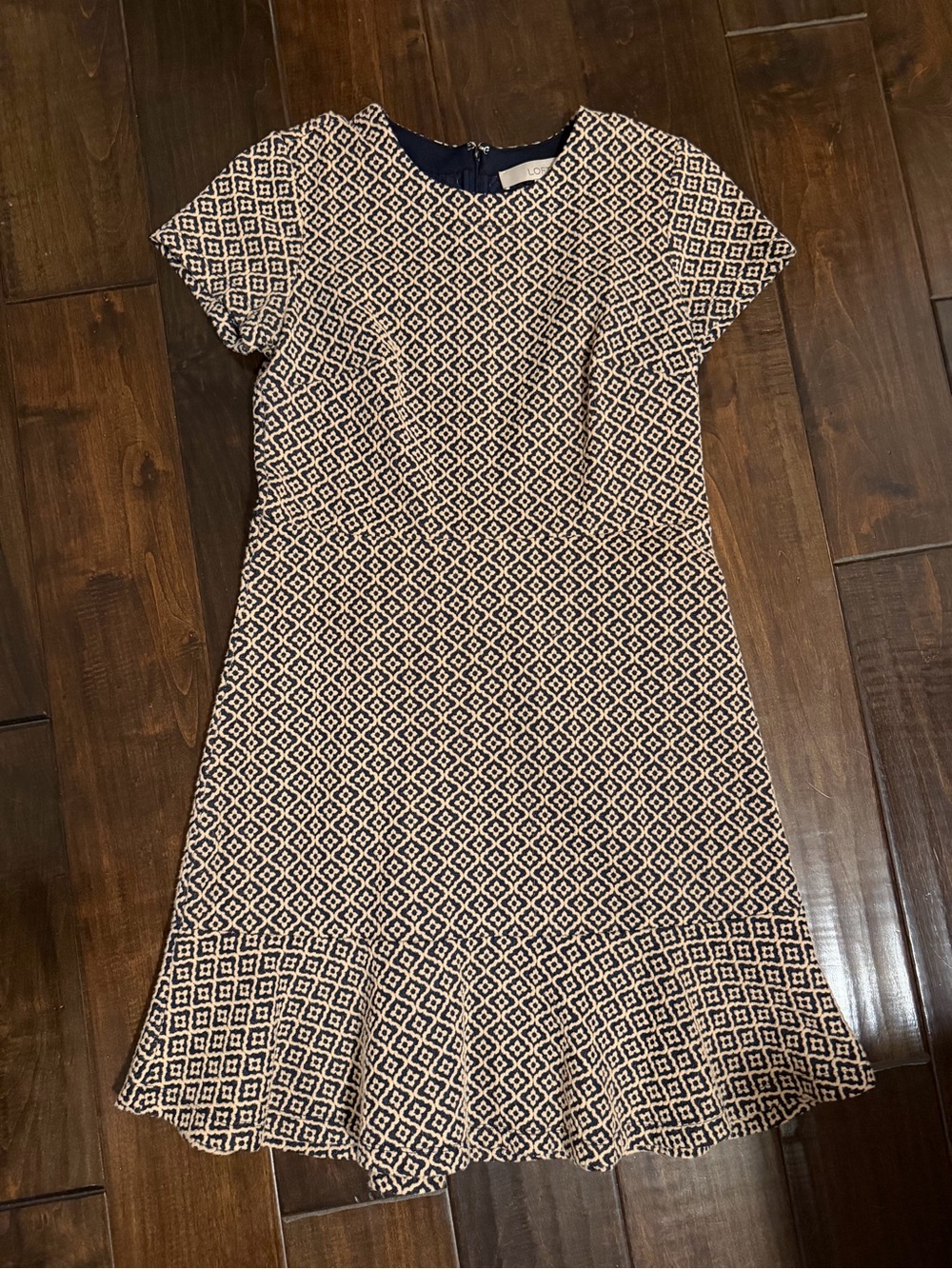Ann Taylor Loft Navy and Cream Geometric Short-Sleeve Fit-and-Flare Dress